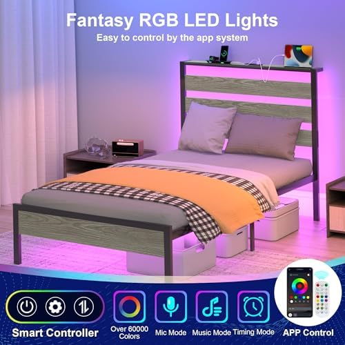 J.Fkne Twin Bed Frame with LED Lights & Charging Station, Metal Platform Bed with Headboard, Heavy Duty Metal Slats, No Box Spring Needed, Noise Free, Easy Assembly