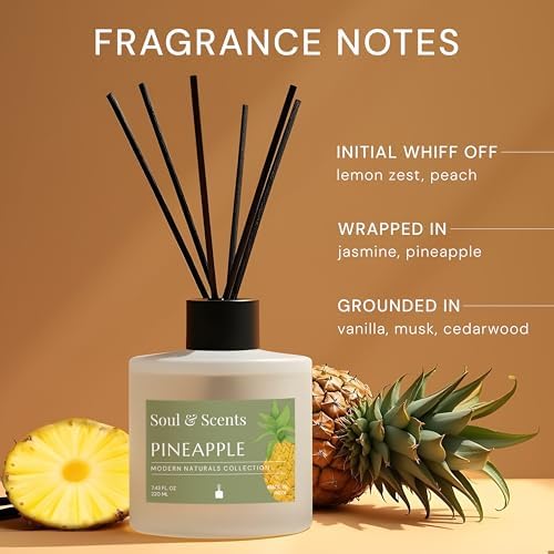 Soul & Scents Reed Diffuser Set – Pineapple | 7.43 oz Refillable Scented Oil with 6 Fiber Sticks | Long-Lasting Home Fragrance & Air Freshener for Bedroom, Bathroom, Office | Gift & Décor Piece