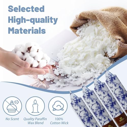 NJAO HOO Floral Taper Candles 7 Inch Short Candlesticks Hand Printed Blue and White Candlesticks Unscented Tapered Candle Set for Spring Home Garden Decor, 4Pcs