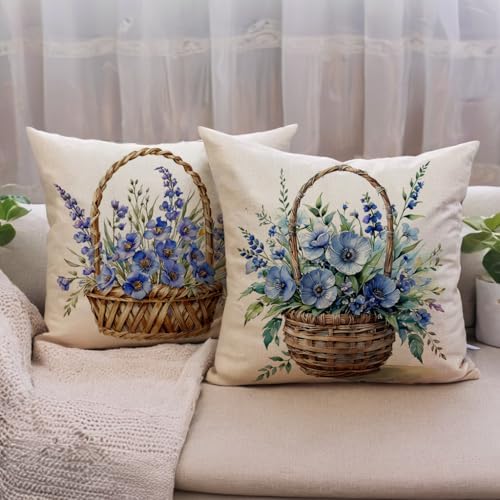7COLORROOM 2Pack Blue Flower Pillow Covers Outdoor Garden Decoration Cushion Covers Farmhouse Rustic Colorful Spring Flower Home Décor Pillowcases 18x18 inch for Patio Sofa Bed(Blue)