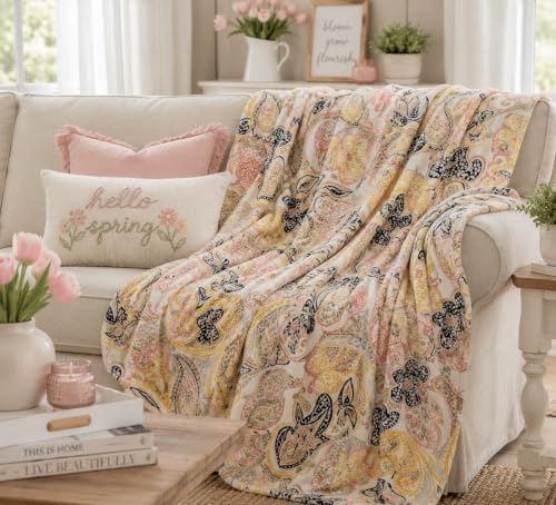 Soft Fleece Throw Blanket, Bohemian Boho Yellow Floral Paisley, 50x70