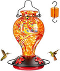 Hand Blown Glass Hummingbird Feeders for Outdoors Hanging, 24oz Wild Bird Nectar Feeder with Ant Moat and Perch, Bee-Resistant Ports, Garden Decor, Gifts for Women Mom, 1 Pack, Orange Phoenix