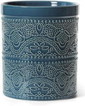 FUN ELEMENTS Kitchen Utensil Holder, 7.2" Super Large Utensil Crock Heavy and Stable Lace Emboss Ceramic Utensil Holder for Kitchen Counter (Grayish Blue)