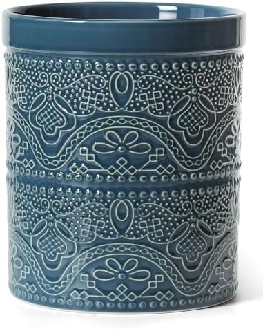 FUN ELEMENTS Kitchen Utensil Holder, 7.2" Super Large Utensil Crock Heavy and Stable Lace Emboss Ceramic Utensil Holder for Kitchen Counter (Grayish Blue)