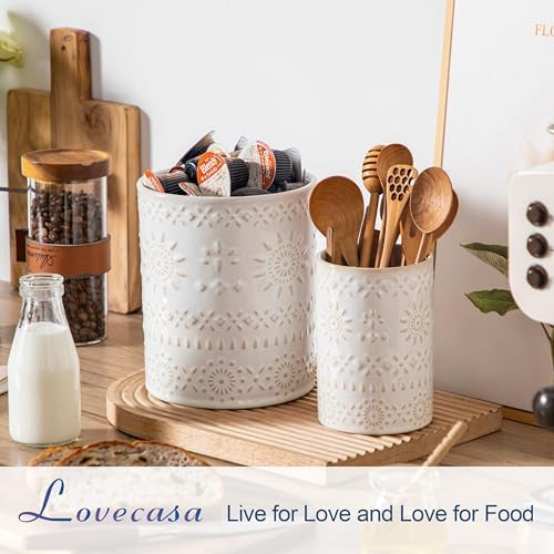 LOVECASA Ceramic Utensil Holder Set of 2, 7.2'' & 5.4'' Kitchen Crocks