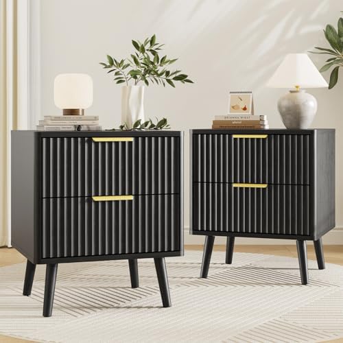 LYNSOM 3 Pieces King Bedroom Set, Floating Bed Frame with Smart LED Lights & Nightstand Set of 2, Fluted Bedroom Furniture Set for Home, Bedroom, Black