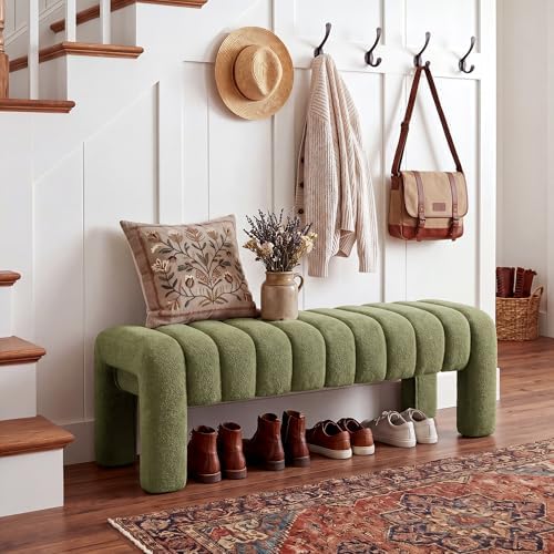 43.3" Boucle Bed Bench for Bedroom, Upholstered Linen Bench, Green