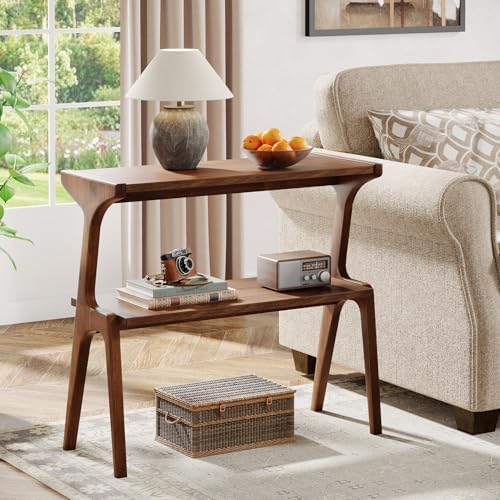 Tribesigns Set of 2 Solid Wood Side Table, 2-Tier Farmhouse End Table with Storage Shelves, Slim Side Table for Couch with Unique Legs, Long Bedside Table for Bedroom, Living Room, Rustic Brown