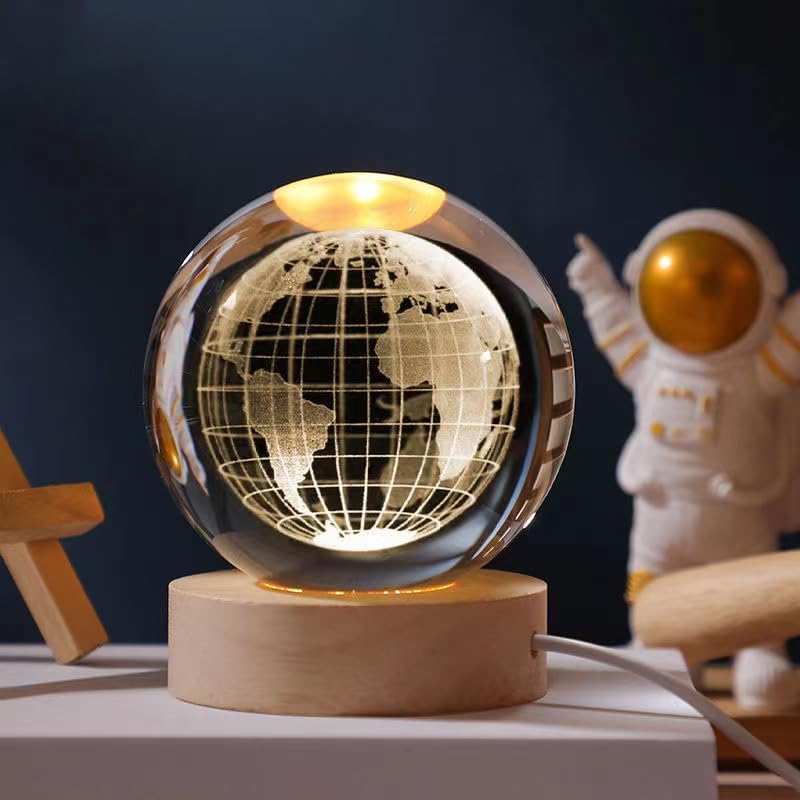 3D Earth Globe Crystal Ball, Laser Engraved Planet Model Astronomy Sphere Decor, 2.4" Paperweight Crystal Universe Gifts for Kids, Space Model Collectors