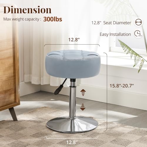 LUE BONA Height Adjustable Vanity Stool 15.8"-20.7", 360° Swivel Grayish Blue Faux Leather Chair, 300lb Capacity for Makeup Room, Bathroom