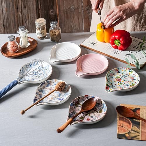 Ceramic Spoon Rest for Stove Top, 5 inch Gold Trim Spoon Holder for Kitchen Counter, Farmhouse Cooking Utensil Holder for Spoons, Ladles, Spatula, Glazed Pink