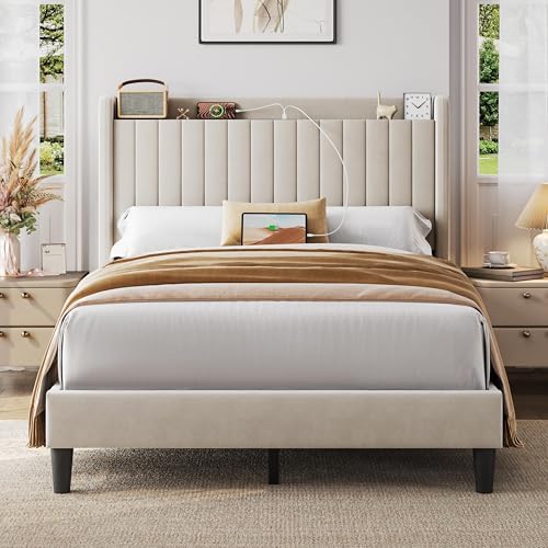Yaheetech Full Bed Frame with Channel-Tufted Headboard, USB/AC Ports, Beige