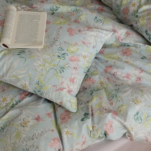 HighBuy Garden Floral Duvet Cover Twin XL,Ruffle 100% Cotton Blue Bedding Set with Colorful Floral Pattern for Girl College,Soft 100% Cotton Comforter Cover with Zipper,Breathable