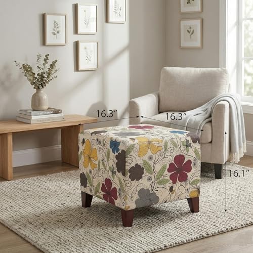 Joveco 16.3" Square Cube Ottoman Footrest, Modern Floral Linen Fabric Foot Stool with Solid Wood Legs, Decorative Upholstered Shoe Bench for Living Room, Bedroom & Entryway - Colorful Printing