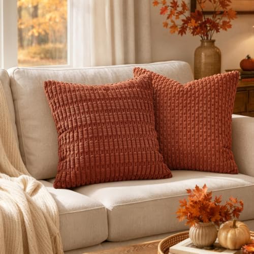 MIULEE Fall Euro Sham Corduroy Decorative Throw Pillow Covers 24x24 Rust
