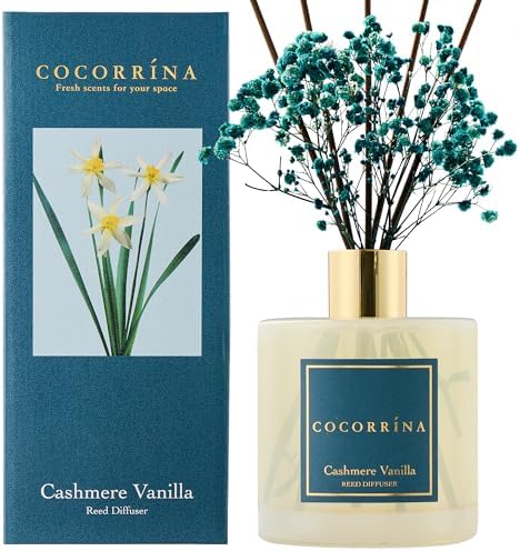 COCORRÍNA Reed Diffuser - Cashmere Vanilla 17 Fl.oz Reed Diffuser with 8 Sticks Scented Diffuser with Preserved Flowers for Bathroom Home Decor