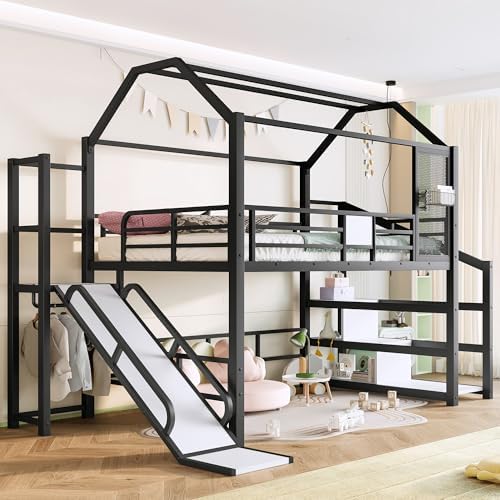 Bellemave Full Size Metal House Loft Bed with Slide and Stairs,Playhouse Heavy Duty Loft Bed Frame with Storage Shelves for Kids,Teens,Adults,Black