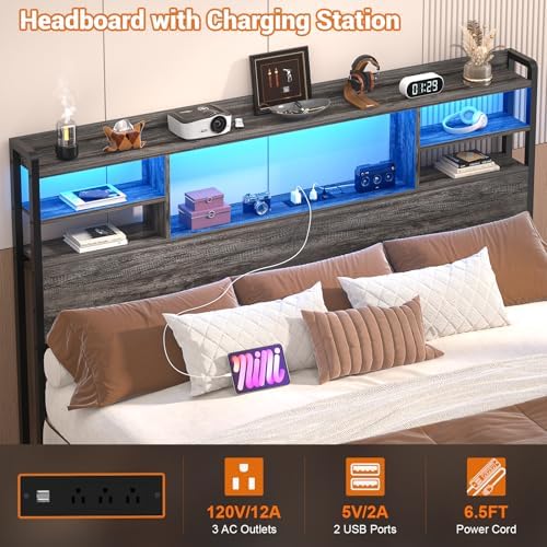 Aheaplus Headboard for Queen Size Bed with Storage, Black Oak