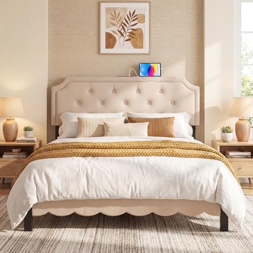 KOMFOTT Upholstered Headboard with Charging Station for Full & Queen Size Bed Frame, Tufted Button Bed Headboard with Solid Rubber Wood Legs, Headboard with Adjustable Width, Beige
