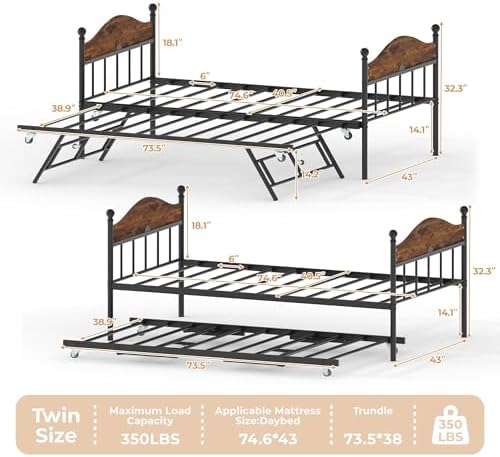 Garvee Twin Daybed with Trundle, Twin Bed Frame with with Stylish Headboard, Heavy Duty Steel Slats Platform for Living Room, Bedroom, Brown