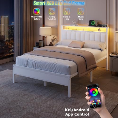 Furnulem White Full Size Bed Frame with Charging Station & LED Lights