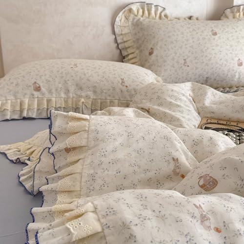 BuLuTu Lace Ruffles Duvet Cover Twin with Cute Rabbit Blue Floral Print, Princess Bedding Set for Kids Toddler Girls, 100% Gauze Cotton Muslin Bedding Comforter Cover with Zipper, 4 Ties