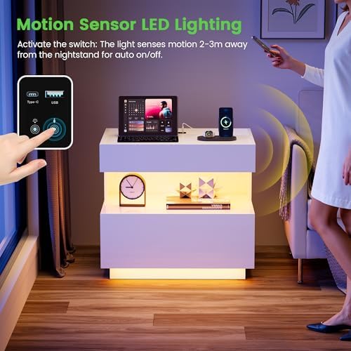 HNEBC White LED Nightstand with Gun Drawers&USB-C Port&Lights for Bedroom