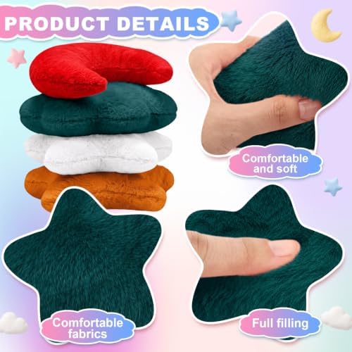4 Pcs Plush Cloud Star Moon Throw Pillow Set, Brown, Burgundy, White, Green