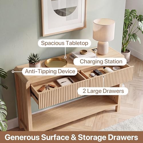 Seang Fluted Sofa Table with Power Outlets,47" Narrow Console Table with 2 Drawers Behind Couch,Curved Entryway Tables with Open Storage for Entrance,Hallway,Living Room,Natural