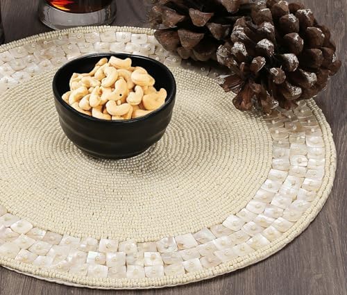ALPHA Living HOME Beaded Placemats 13 Inch Round, Ivory Pack of 2