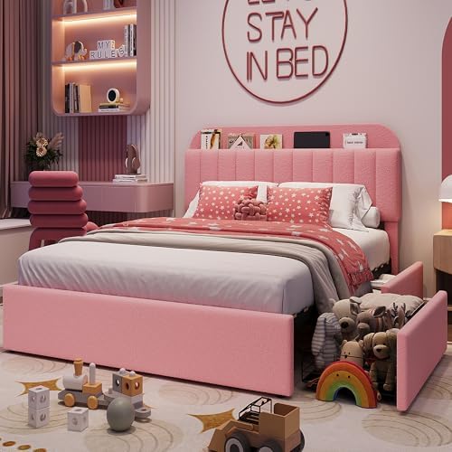 IDEALHOUSE Full Bed Frame with 2 Flexible Drawers and Bookcase Headboard, Boucle Upholstered Platform Bed for Girls, Noise-Free, Easy Assembly, No Box Spring Needed, Pink
