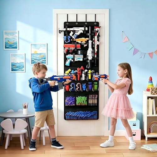 Over the Door Organizer for Toy Guns, Hanging Storage with Pockets and Adjustable Straps for Foam Blasters, Darts, Goggles & Accessories, Door Mount Organizer for Playrooms and Game Rooms