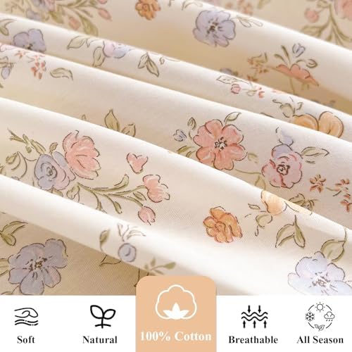 Floral Cotton Duvet Cover King Size 3 Pcs,100% Cotton Duvet Cover with 2 Pillowcases with Ruffles,Pink Rustic Aesthetic Breathable Soft Comfy Comforter Covers King 104"×90"