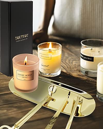 YOUTUOY 4 in1 Candle Accessory Set with Storage Tray Plate, Candle Wick Trimmer, Candle Wick Snuffer, Candle Wick Dipper, Great for Scented Candles Lovers (Gold)