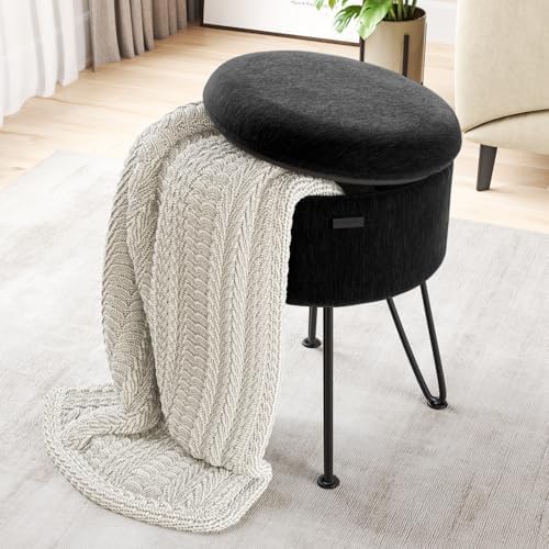 Round Ottoman with Storage, Textured Velvet Storage Ottoman, Foot Stool Ottomans, Makeup Vanity Stool, Small Ottomans Foot Rest, Modern Vanity Stools for Living Room and Bedroom, Black