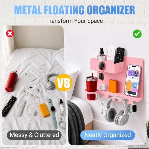 Metal Bedside Wall Shelf, No Drill Floating Bedside Shelf Wall Organizer