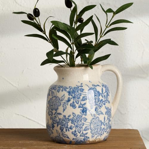 Ceramic Flower Vase, Vintage Utensil Holder, Blue and White Decorative Vase Chinoiserie Decor Rustic Farmhouse Retro Floral Vases for Table Bookshelf Mantel Kitchen Living Room Office - 6.7” Blue 016