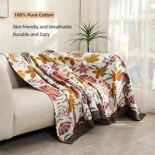 VANJOROY Queen Boho Throw Blanket for Bed, 100% Cotton Muslin Soft Throw-Floral Farmhouse Rustic Decor Blanket for Couch Sofa Quilt and Gift, 80" x 90"-BeigeWhite