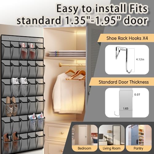 Over the Door Shoe Organizer with 30 Breathable Mesh Pockets (2PC-Gray)