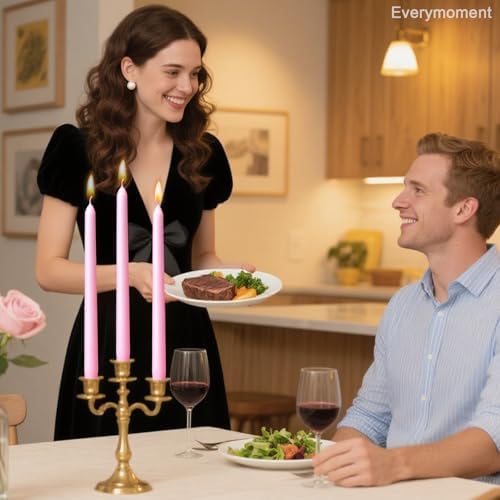 Everymoment Pink Taper Candles - 24 Pack 10 Inch Candlesticks - Dripless & Smokeless for 8 Hours - Unscented Paraffin Wax - Ideal for Wedding Mother’s Day Valentine's Day Baby Shower & Romantic Decor