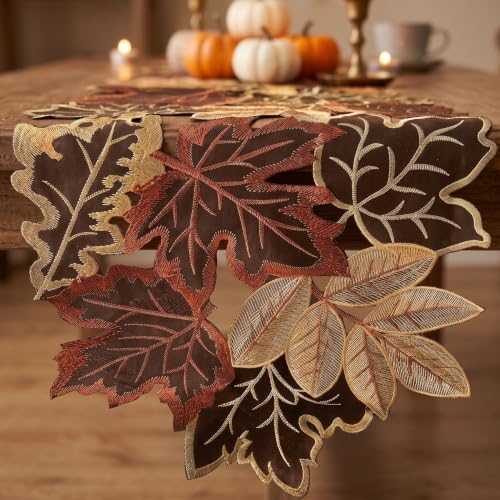 Embroidered Fall Table Runner 13.7 × 108 in, Thanksgiving Table Decor