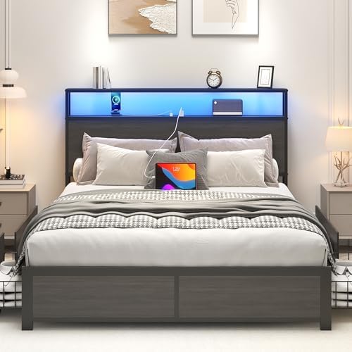 Lifezone Full Bed Frame with 2-Tier Storage Headboard, Metal Platform Bed Frame with 4 Storage Drawers, Built in Charging Station & LED, Noise-Free/Metal Support/No Box Spring Needed, Rustic Grey