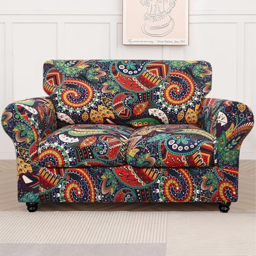 SearchI Stretch Sofa Cover Printed Couch Cover, Floral Pattern 3 Pieces Loveseat Slipcover with 2 Separate Cushion Cover, Washable Furniture Protector for Living Room(Loveseat, Paisley Pattern)