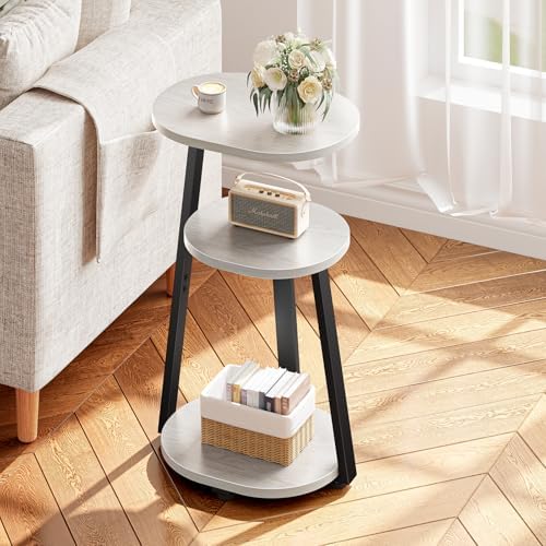 Kalrin Side Table, Small End Table with Metal Frame, 3-Tier Bedside Tables, Round Side Tables for Living Room Bedroom Couch Bathroom, Oval, White Maple