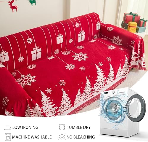 MEETSKY Christmas Couch Cover for Sectional Sofa, Chenille Loveseat Red Sofa Covers Washable for Pet Friendly Cedar Decorative Couch Covers, 71" x 134"