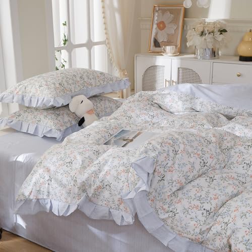 HighBuy Girl Floral Ruffle Duvet Cover Queen,Boho Floral Lace Ruffled 100% Cotton Blue Striped Bedding Coquette,Shabby Vintage Duvet Cover Set Farmhouse Bedding Cooling Breathable for Women