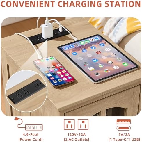 Narrow Side Table Set of 2, Farmhouse Nightstand with Charging Station