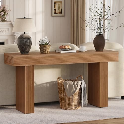 Bestier 63” Entryway Table, Wood Fluted Console Table Behind Couch, Brown