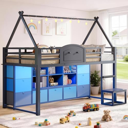 Twin Size Low Loft Bed with 9 Storage Drawers, Bookcase and LED Lights, House-Shaped Metal Twin Loft Bed with Step Stool and Safety Guardrail, Kids Loft Bed with Under-Bed Play Space, Grey