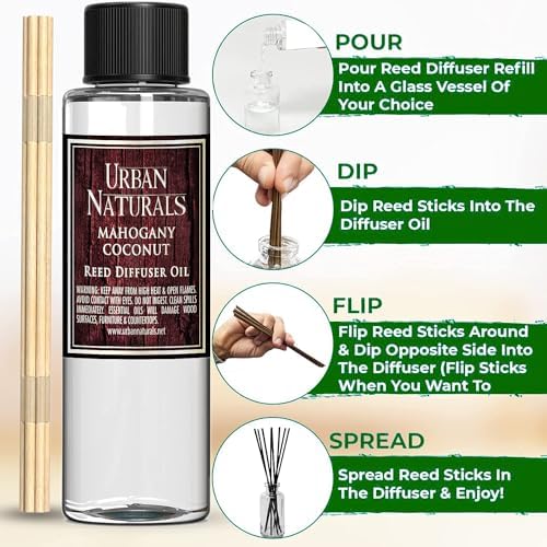 Urban Naturals Reed Diffuser Oil Refill, Mahogany Coconut Diffuser Oils with Sandalwood, Coconut, Oakmoss, 4 oz + Free Reed Sticks, Made in the USA